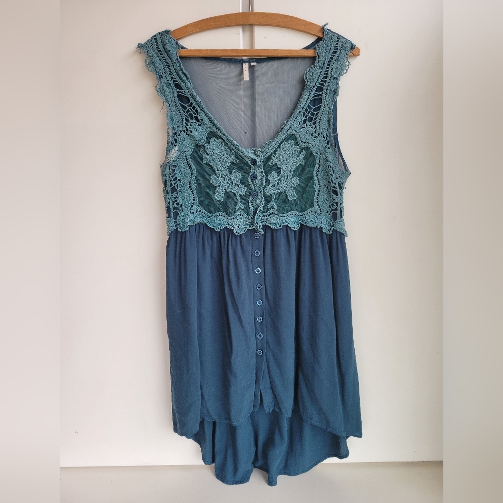 LLove Womens Sz L Teal Tunic Tank Top Shirt Embroidered Sheer Lined Lace